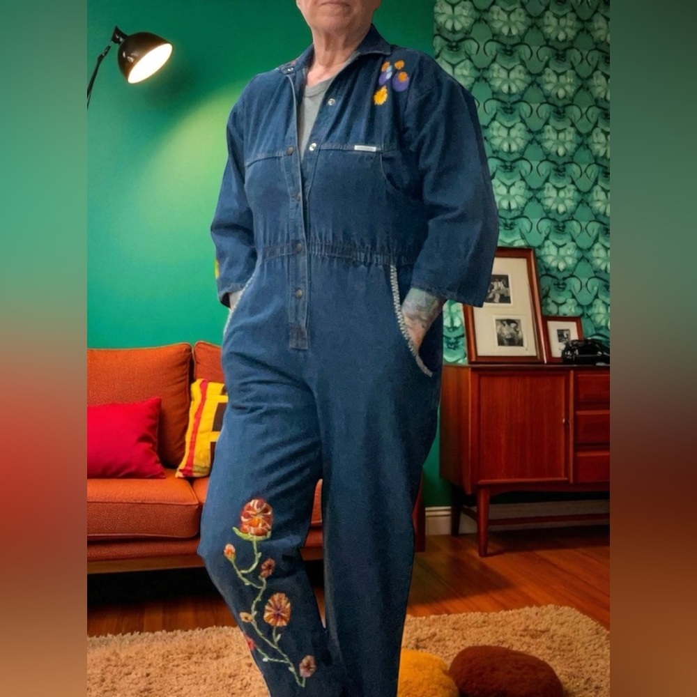 Hand embroidered Dreams custom Blue Denim Mechanic Jumpsuit Coveralls - Picture 5 of 12